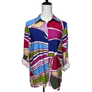 Ali Miles Top Medium Petite Blue‎ Pink Colorful Abstract Button Up Career NWT